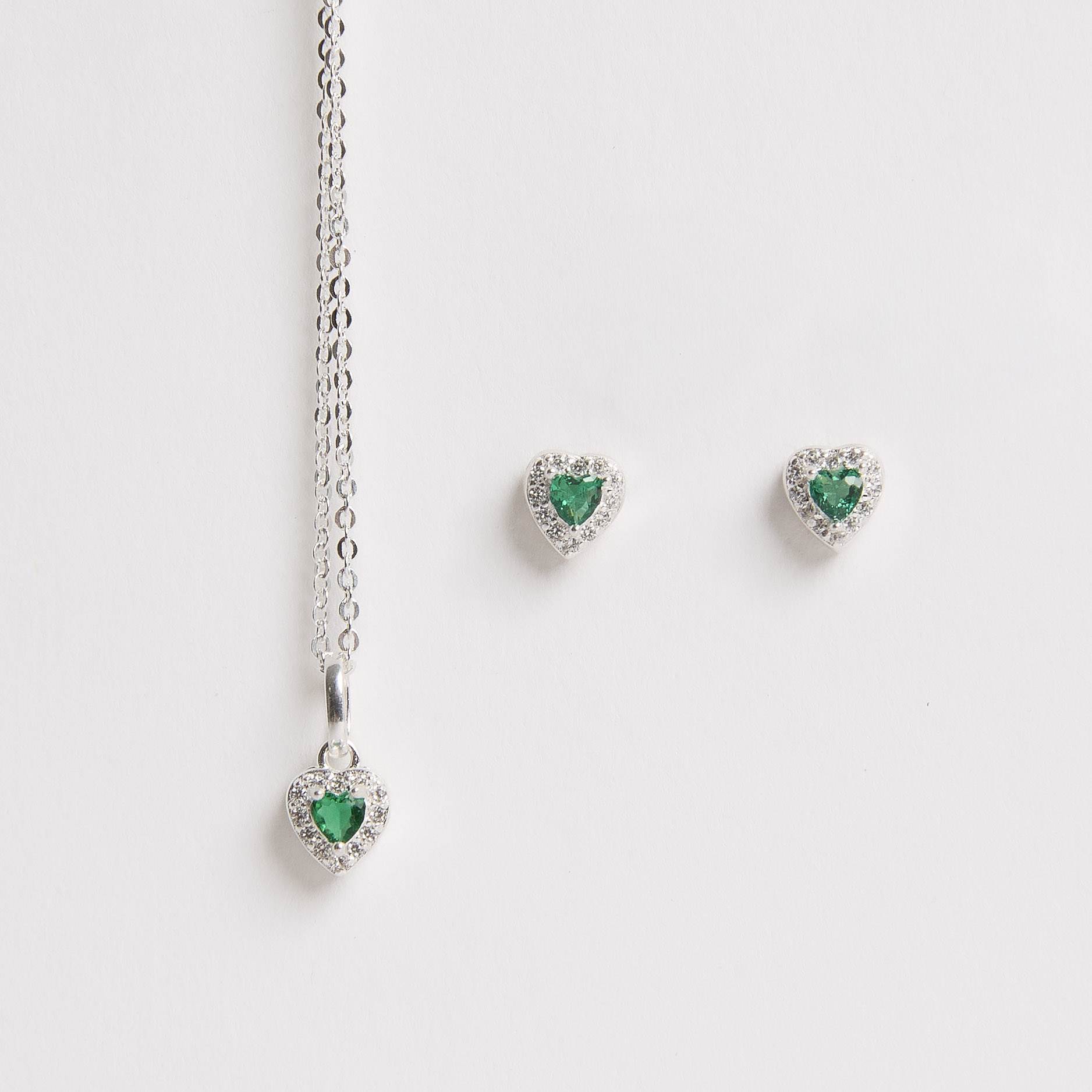 Conjunto brinco e colar zircônia coração esmeralda com cravejado 6mm corrente cadeadinho 40cm