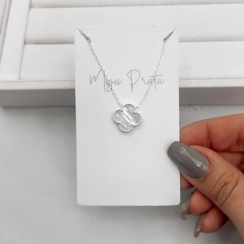 Colar trevo madrepérola com bolinhas 14mm corrente cadeado 45+5cm