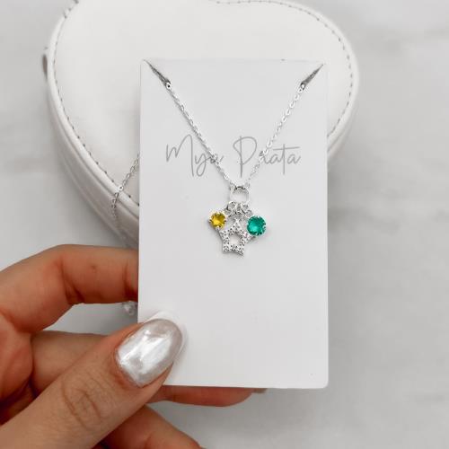 Colar entremeio círculo pingentes estrela vazada cravejada, zircônias amarela e acqua corrente cadeadinho 45cm