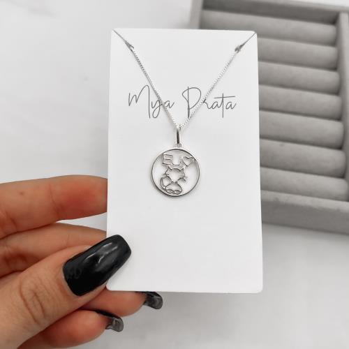 Colar pingente eu amo gato 17mm 45cm