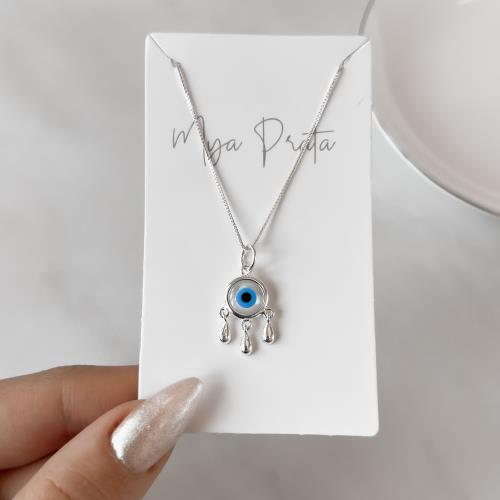 Colar pingente olho grego madrepérola 10mm 45cm