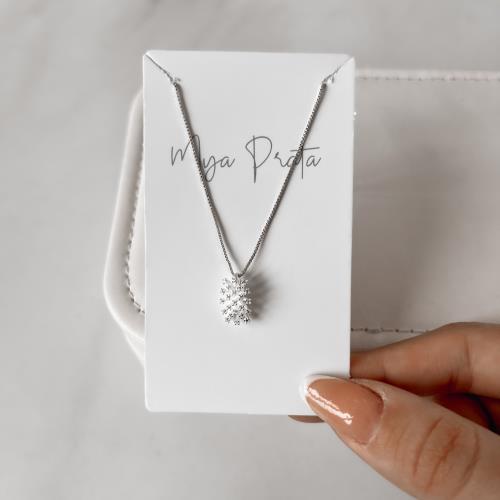 Colar pingente oval com zircônias 12mm 45cm