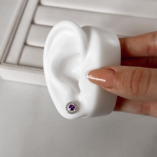 Brinco zircônia redonda ametista com cravejado 9mm