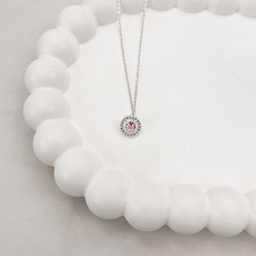 Colar zircônia redonda rosa com cravejado 9mm corrente cadeadinho 45cm