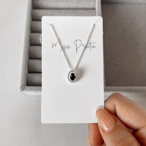 Colar zircônia oval ônix com cravejado 11mm corrente cadeadinho 45cm