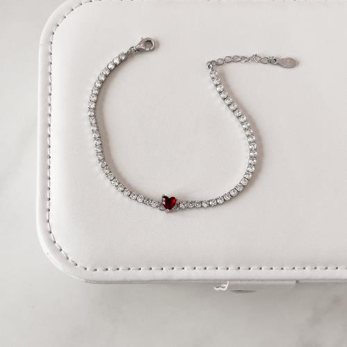 Pulseira Riviera 2.5 detalhe zircônia coração vermelho 16,5cm com alongadora ródio