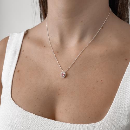 Colar zircônia oval rosa com cravejado 11mm corrente cadeadinho 45cm