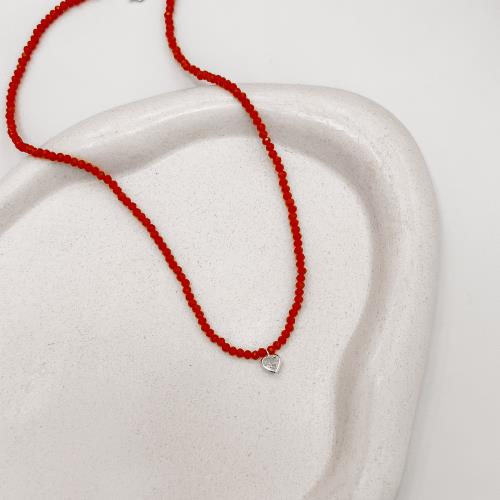 Choker cristal coral 3mm pingente zircônia coração cristal 6mm 40+5cm