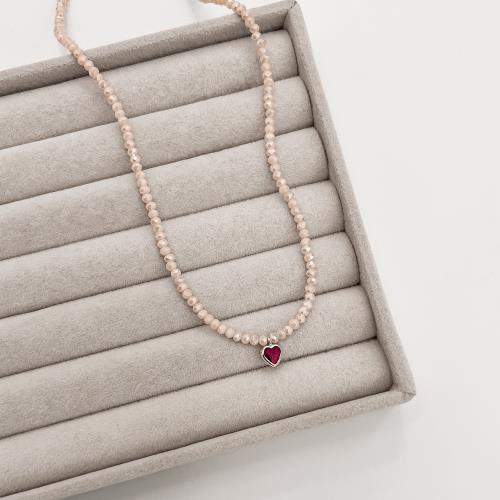 Choker cristal perolado 3mm pingente zircônia coração rubi 6mm 40+5cm