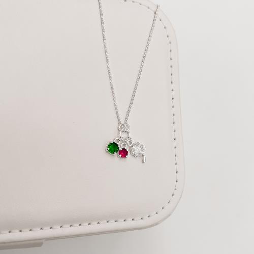 Colar entremeio círculo pingentes trevo cravejado, zircônias cereja e esmeralda corrente cadeadinho 40+5cm