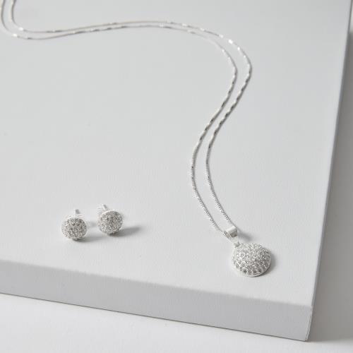 Conjunto brinco e colar pingente círculo todo cravejado 12mm 45cm