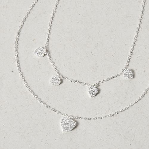 Colar duplo pingentes corações cravejados 5mm 40cm e coração cravejado 8mm 45+5cm