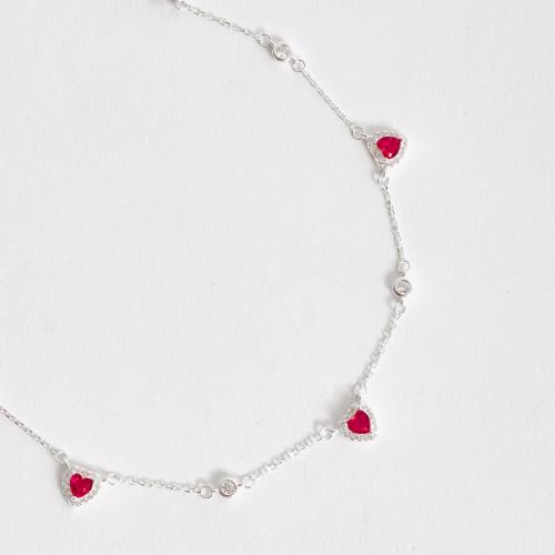 Colar entremeios zircônia redonda e zircônia coração rubi com cravejado 7mm corrente cadeado 40+5cm