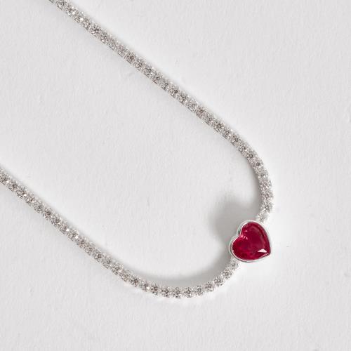 Pulseira Riviera 1.9 com zircônia coração rubi 16cm com alongadora