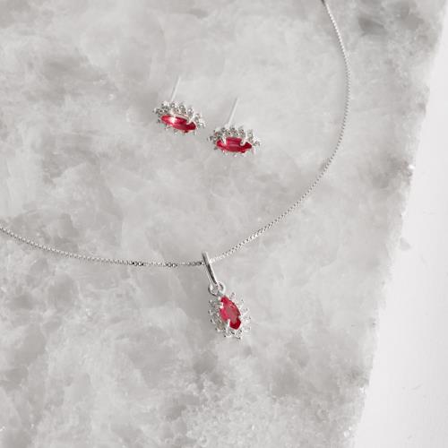 Conjunto brinco e colar zircônia navete cereja com cravejado 9mm 45cm