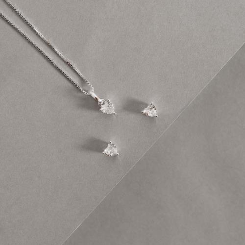 Conjunto brinco e colar zircônia coração caixa alta 4mm 40cm