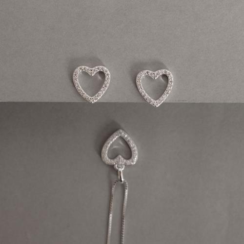 Conjunto brinco e colar coração vazado com cravejado 11mm 45cm