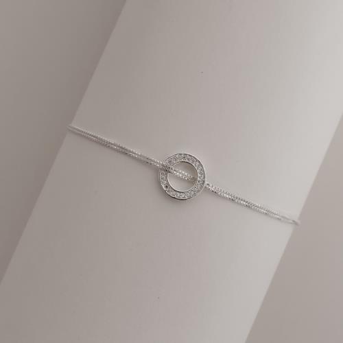 Pulseira entremeio círculo vazado cravejado 11mm corrente dupla 18+5cm