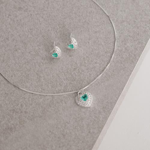 Conjunto brinco e colar zircônia coração turmalina com duplo cravejado 10mm 45cm