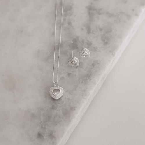 Conjunto brinco e colar zircônia coração embutida cristal com cravejado 10mm 45cm