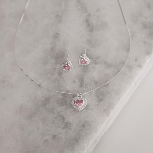 Conjunto brinco e colar zircônia coração embutida rosa com cravejado 10mm 45cm
