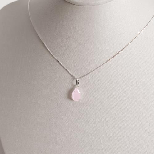 Colar pingente zircônia gota rosa leitoso 12mm 45cm