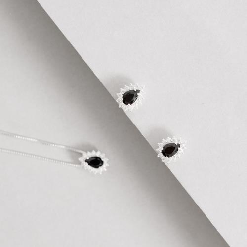 Conjunto brinco e colar zircônia gota ônix com cravejado 10mm 45cm