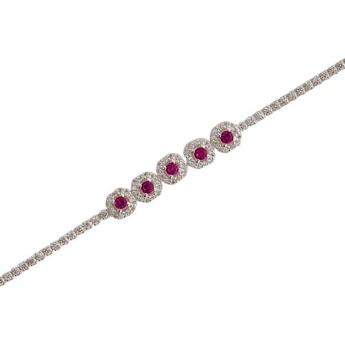 Pulseira Riviera entremeio quadrados cravejados detalhe rubi 16+4cm