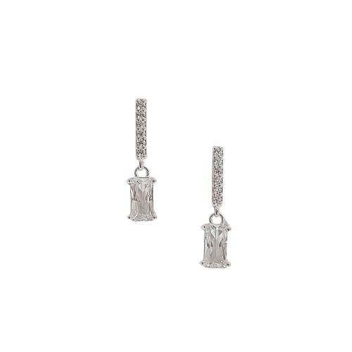 Brinco palito cravejado 11mm com pingente zircônia retangular