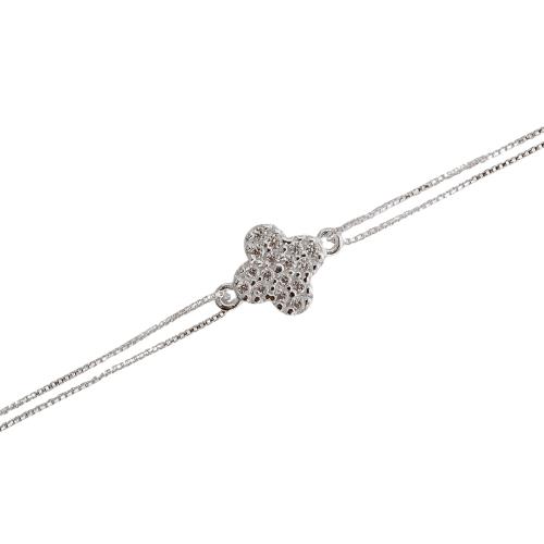 Pulseira entremeio trevo cravejado 10mm corrente dupla 17+5cm