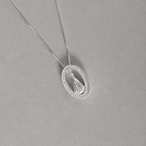 Colar medalha oval Nsa. Sra. Aparecida cravejada 18mm 45cm