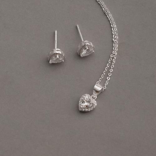 Conjunto brinco e colar zircônia coração com cravejado 7mm corrente cadeadinho 40cm
