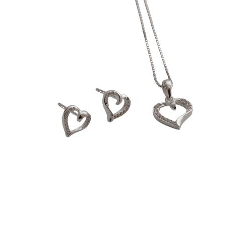 Conjunto brinco e colar coração vazado com zircônias 11mm 45cm