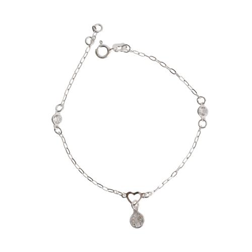 Pulseira entremeios coração vazado e zircônias com pingente zircônia 7mm 19cm