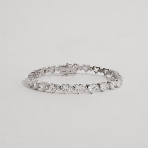 Pulseira Riviera zircônias coração e redonda 5.5 fecho gaveta 18cm ródio