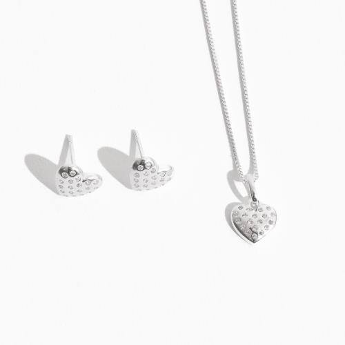 Conjunto brinco e colar coração com zircônias cristal 9mm 45cm