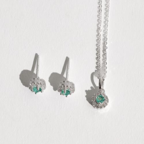 Conjunto brinco e colar zircônia turmalina com cravejado 6mm corrente cadeadinho 40cm