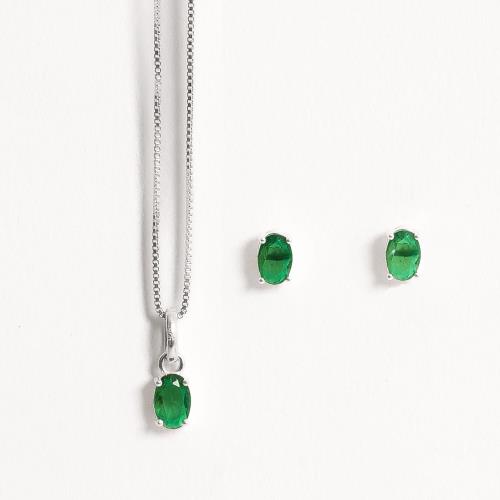 Conjunto brinco e colar zircônia oval esmeralda 6x4mm 45cm