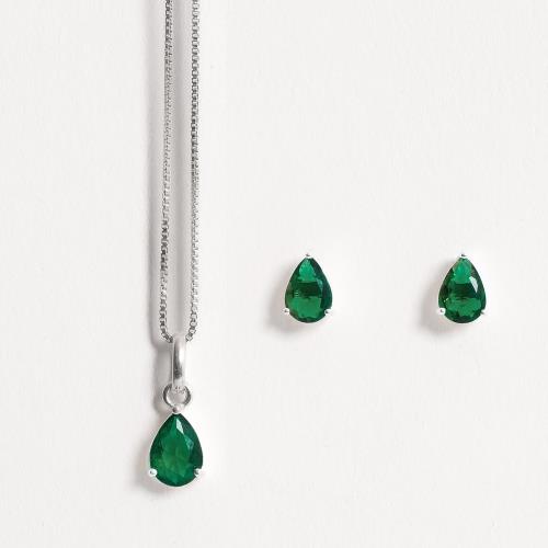 Conjunto brinco e colar zircônia gota esmeralda 7x5mm 45cm