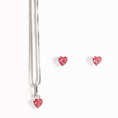 Conjunto brinco e colar zircônia coração rubi 4mm 40cm