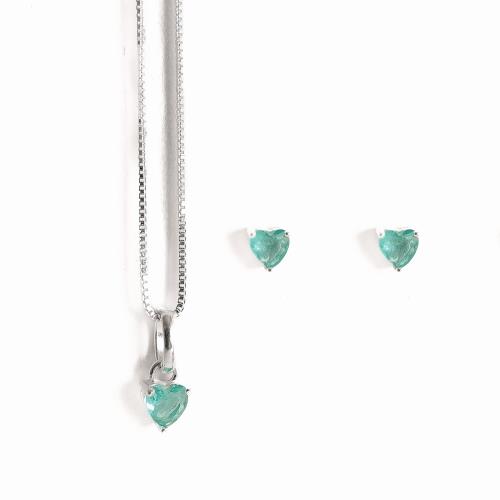 Conjunto brinco e colar zircônia coração turmalina 4mm 40cm