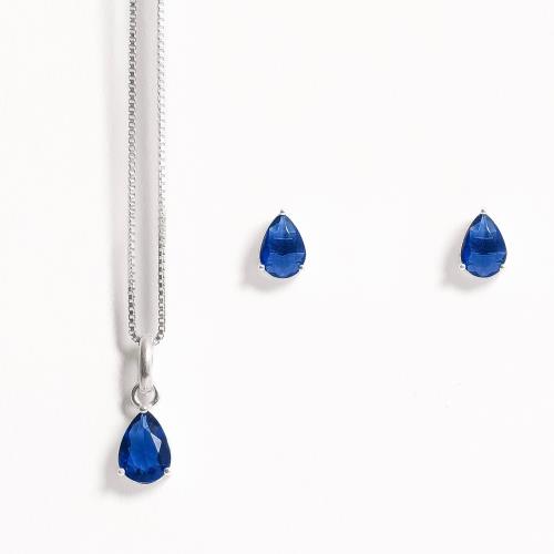 Conjunto brinco e colar zircônia gota azul 6x4mm 40cm