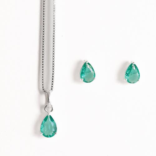 Conjunto brinco e colar zircônia gota turmalina 7x5mm 45cm