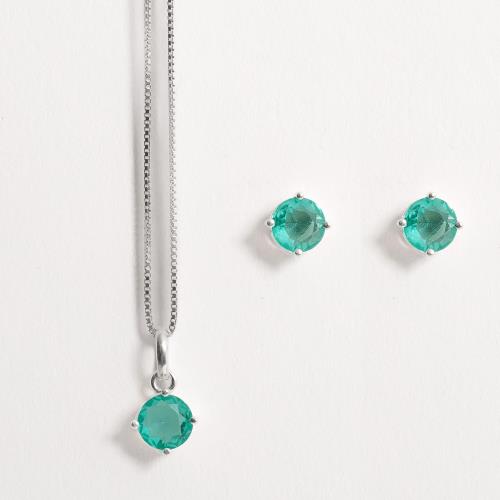 Conjunto brinco e colar zircônia redonda turmalina 6mm 45cm