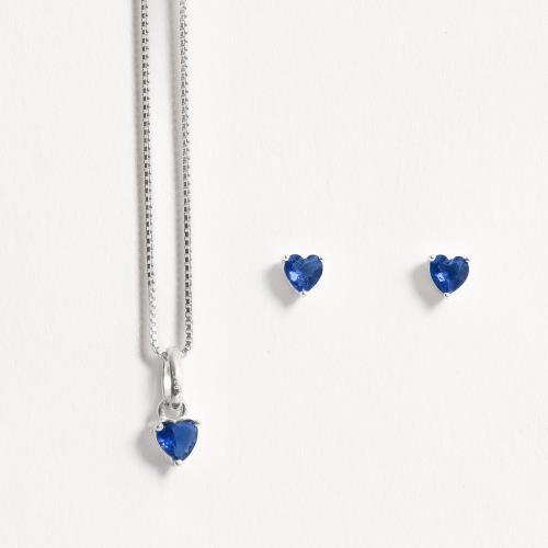Conjunto brinco e colar zircônia coração azul 4mm 40cm