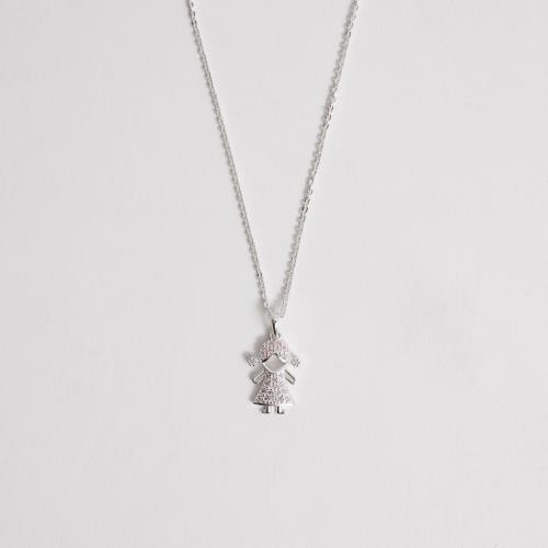 Colar pingente menina cravejada rosa 15mm corrente cadeadinho 45cm