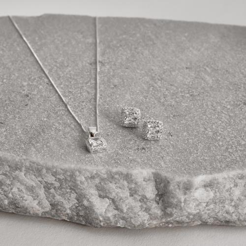 Conjunto brinco e colar pingente zircônia quadrada com cravejado 8mm 45cm
