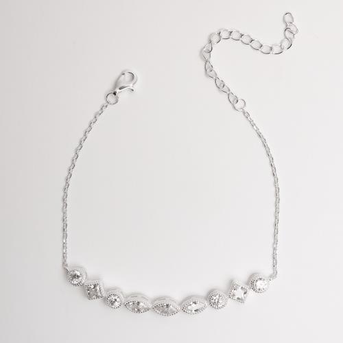 Pulseira entremeio zircônias redonda, losango e navete corrente cadeado 16+4cm