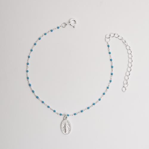 Pulseira pingente medalha Nsa. Sra. das Graças 9mm corrente cadeado com bolas de resina 15+5cm