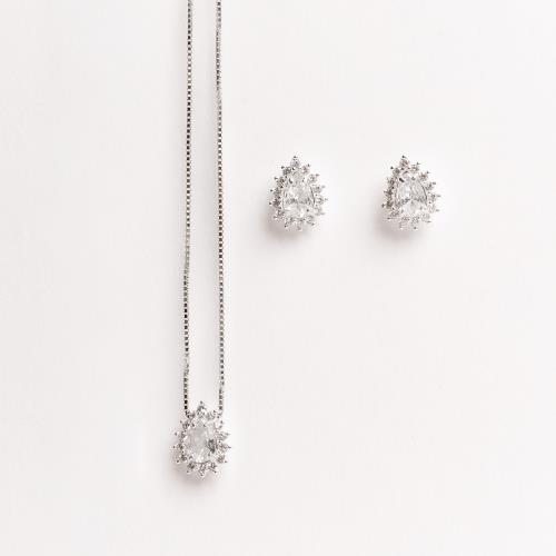 Conjunto brinco e colar zircônia gota com cravejado 10mm 45cm